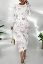 Powder White Casual Print Patchwork O Neck Wrapped Skirt Dresses