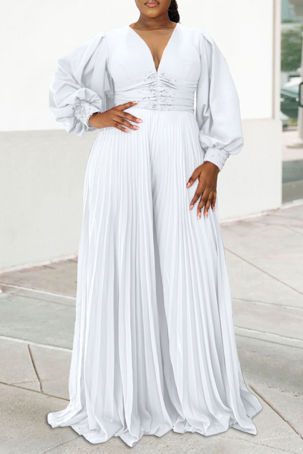 White Elegant Solid Color Patchwork Beading Ruched V Neck Long Dresses