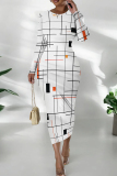 White Orange Casual Print Patchwork O Neck Wrapped Skirt Dresses