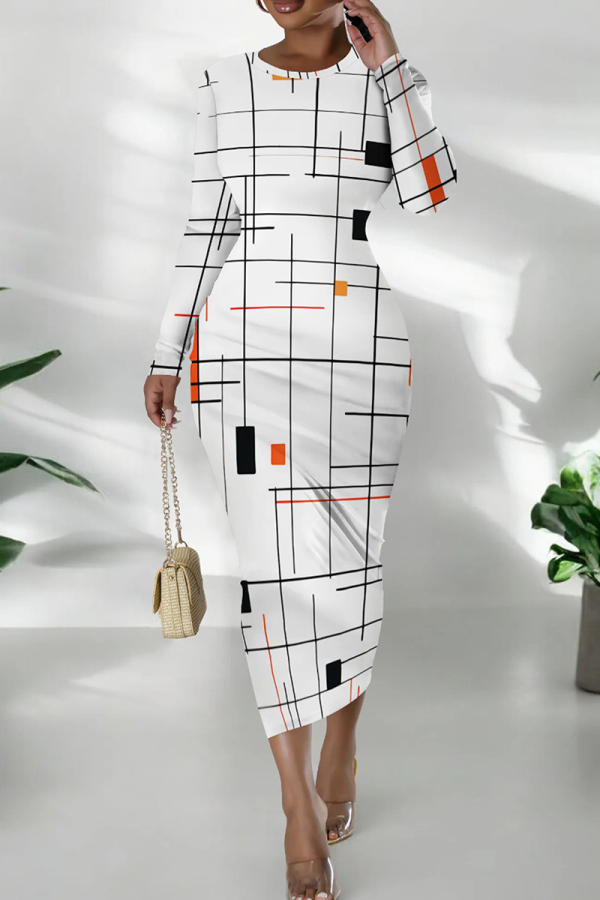 White Orange Casual Print Patchwork O Neck Wrapped Skirt Dresses