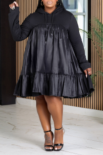 Black Casual Solid Color Draw String Patchwork Hooded Long Plus Size Dresses