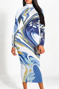 Blue Casual Geometric Print Gradient Contrast Half A Turtleneck Printed Dresses