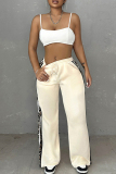 Black Casual Print Pocket Patchwork Contrast Loose Mid Waist Straight Patchwork Bottoms