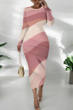 White Orange Casual Print Patchwork O Neck Wrapped Skirt Dresses