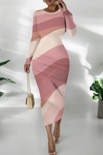 Pink Casual Print Patchwork O Neck Wrapped Skirt Dresses
