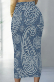 Dark Blue Casual Faux Denim Print Contrast Regular High Waist Full Print Bottoms