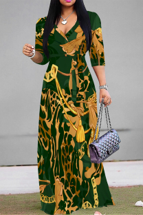 Green Elegant Floral Print Lace Up Contrast V Neck Printed Dresses