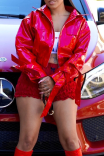Red Street Solid Color Patchwork Zipper Zipper Collar Outerwear