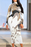 Blue Casual Geometric Print Gradient Contrast Half A Turtleneck Printed Dresses