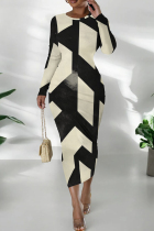 Light Khaki Casual Print Patchwork O Neck Wrapped Skirt Dresses