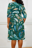 Black Green Casual Floral Print Lace Up Contrast V Neck Printed Plus Size Dresses