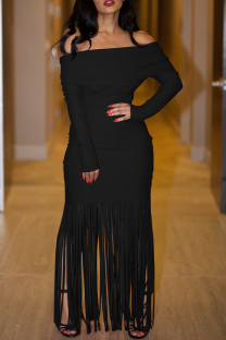 Black Casual Solid Color Fringed Trim Patchwork Off Shoulder Long Dresses