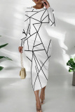 White Orange Casual Print Patchwork O Neck Wrapped Skirt Dresses