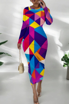 Colour Casual Print Patchwork O Neck Wrapped Skirt Dresses
