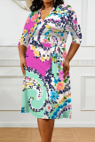 Black Green Casual Floral Print Lace Up Contrast V Neck Printed Plus Size Dresses