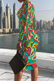 Black And White Casual Print Patchwork O Neck Wrapped Skirt Dresses