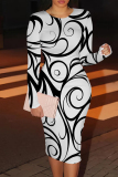 Black And White Casual Print Patchwork O Neck Wrapped Skirt Dresses