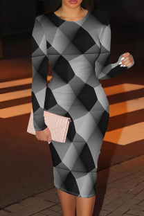 Grey Black Casual Print Patchwork O Neck Wrapped Skirt Dresses