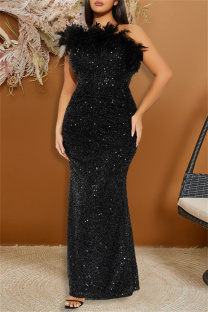 Black Sexy Formal Patchwork Sequins Feathers Oblique Collar Long Dresses