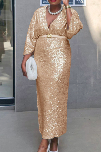 Rose Gold Elegant Solid Color Patchwork With Belt Deep V Neck Long Dresses