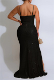 Red Sexy Solid Color Sequins Backless Slit Ruched Spaghetti Strap Long Dresses
