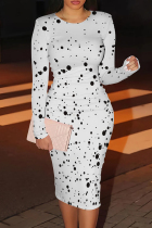 White Casual Print Patchwork O Neck Wrapped Skirt Dresses