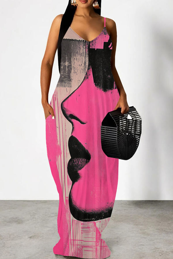 Deep Pink Casual Print Pocket Patchwork Backless Spaghetti Strap Sling Dresses