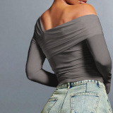 Grey Sexy Solid Color Patchwork Ruched Asymmetrical Collar Tops