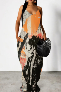 Orange Casual Print Pocket Patchwork Spaghetti Strap Sling Dresses