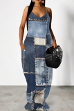 Gray Blue Casual Print Pocket Patchwork Backless Spaghetti Strap Sling Dresses