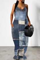 Gray Blue Casual Print Pocket Patchwork Backless Spaghetti Strap Sling Dresses