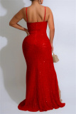 Red Sexy Solid Color Sequins Backless Slit Ruched Spaghetti Strap Long Dresses