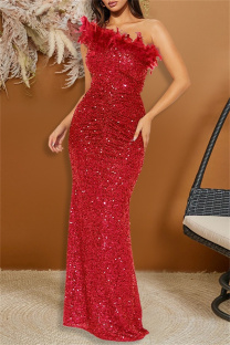 Red Sexy Formal Patchwork Sequins Feathers Oblique Collar Long Dresses