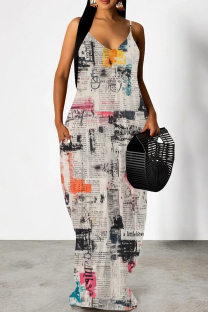 White Grey Casual Print Pocket Patchwork Spaghetti Strap Sling Dresses