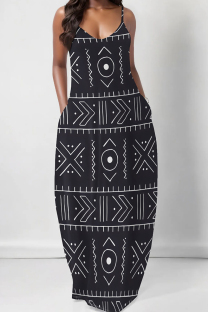 Gray White Casual Print Spaghetti Strap Sling Dresses