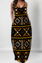 Black Yellow Casual Print Spaghetti Strap Sling Dresses