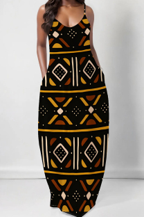Black Yellow Casual Print Spaghetti Strap Sling Dresses