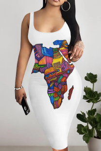 Multicolor Casual Print Patchwork U Neck Wrapped Skirt Dresses