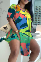 Green Casual Print Slit V Neck Short Sleeve Two Pieces