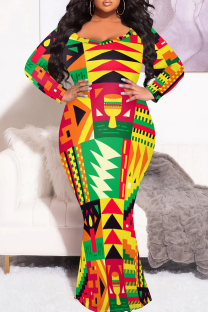 Red Green Elegant Print Patchwork O Neck Long Plus Size Dresses