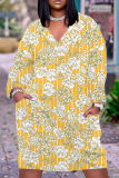 Army Green Casual Print Basic V Neck Long Sleeve Plus Size Dresses
