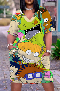 Cartoon Casual Print Basic V Neck Short Sleeve Plus Size Dresses