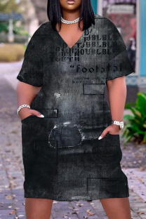 Black Casual Print Basic V Neck Short Sleeve Plus Size Dresses