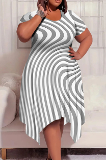 Gray White Casual Print Patchwork O Neck Irregular Plus Size Dresses