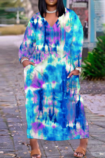 Blue Casual Print Basic V Neck Long Plus Size Dresses