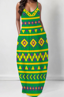 Green Yellow Casual Print Spaghetti Strap Sling Dresses