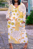Light Yellow Casual Print Basic V Neck Long Plus Size Dresses