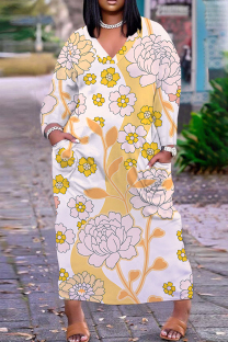 Apricot Casual Print Basic V Neck Long Plus Size Dresses