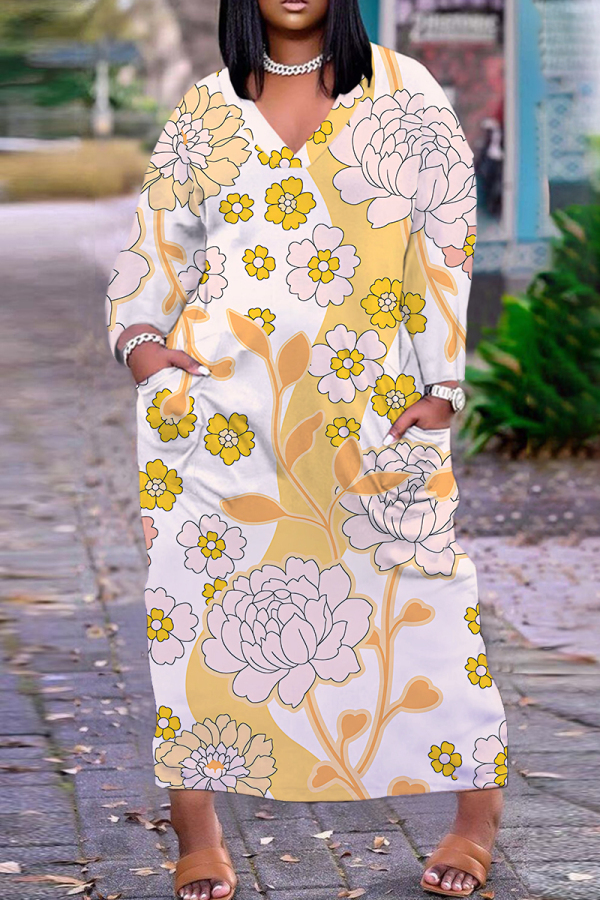 Apricot Casual Print Basic V Neck Long Plus Size Dresses