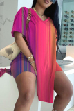 Blue Red Casual Print Slit V Neck Short Sleeve Two Pieces